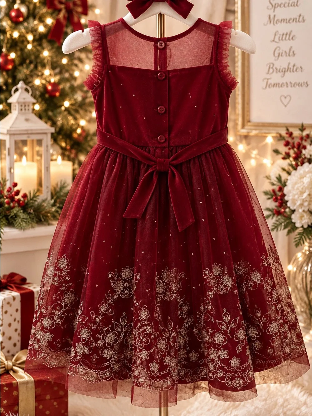 Jona Michelle Girls 7 Burgundy Red Gold Christmas Holiday Party Dress